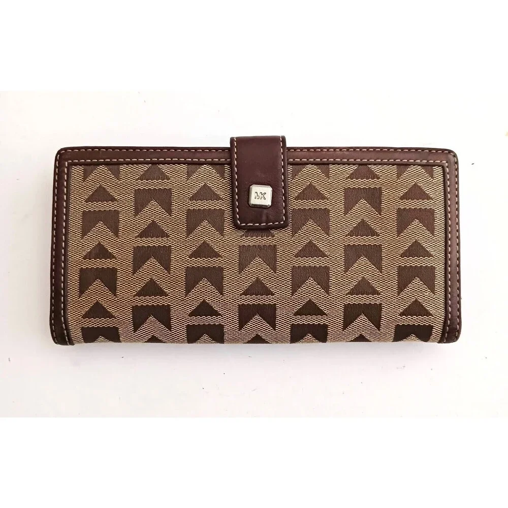 Michael Kors Brown Leather Brown Logo Jacquard Buckle Flap Rect Bi Fold Wallet
